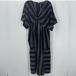 Suzanne Betro Striped Kimono V Neck Dress Brown Tan Black Art to Wear Lagenlook